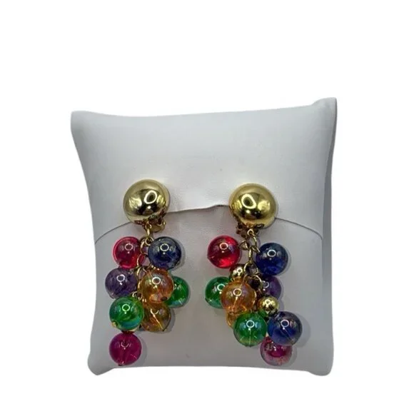 Colorful Whimsical BOHO Beaded Bohemian Iridescent Retro Clip On Earrings - Picture 3 of 5